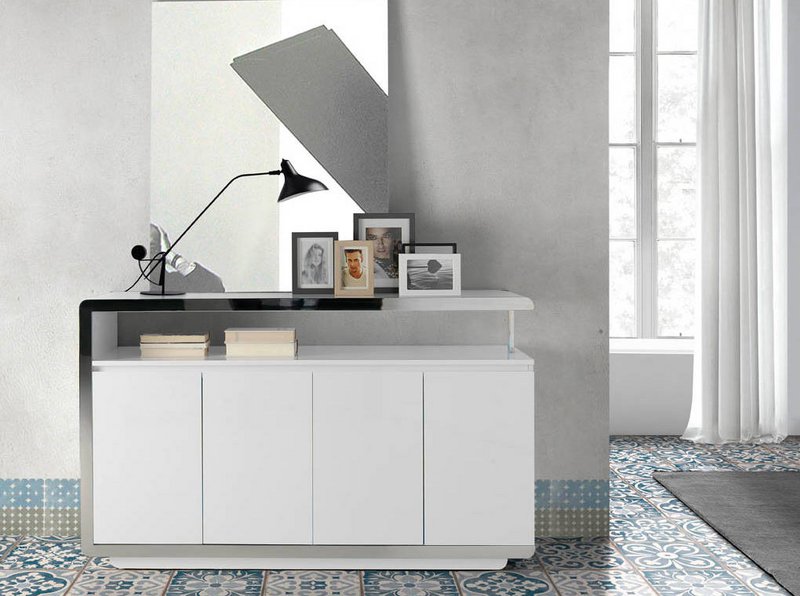 White wooden sideboard and stainless steel