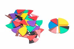 Colorful plastic fractions learning toy with round pieces in various shapes and sizes. Includes pie chart-style pieces for teaching math concepts.