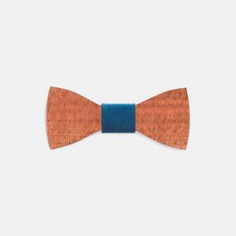 Polka dot wooden bow tie with blue and red accents. Made of natural wood material with a classic bow tie shape.