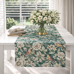 Runner da tavolo con motivo foglie e uccelli color smeraldo – 50 × 220 cm