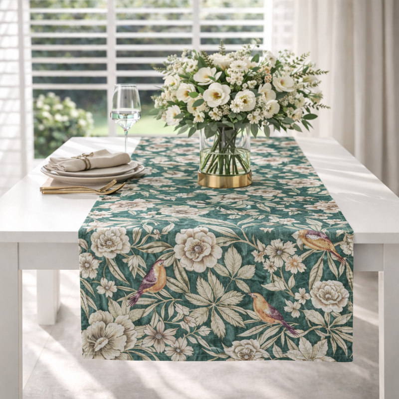Chemin de table à motif feuille d'émeraude et oiseau – 50 × 220 cm