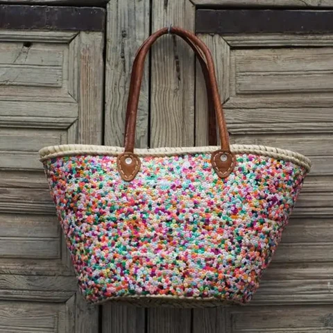 Straw Bag Multicolored Sequins Entirely Handmade