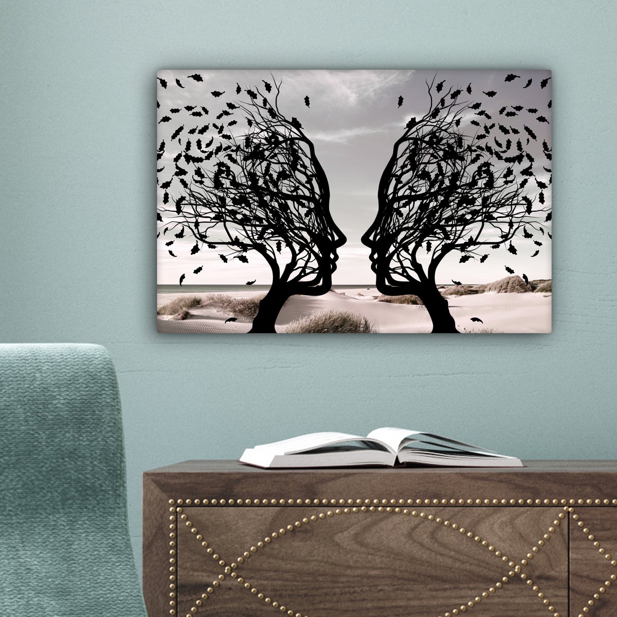 Canvas schilderij  - Wanddecoratie Bomen - Gezicht - Bladeren - Moderne kunst - Muurdecoratie woonkamer - Kamer decoratie modern - Abstracte schilderijen