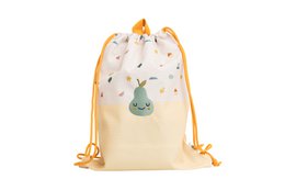 Drawstring bag for kids with a cute unicorn design, made of durable cotton material in a light yellow color.