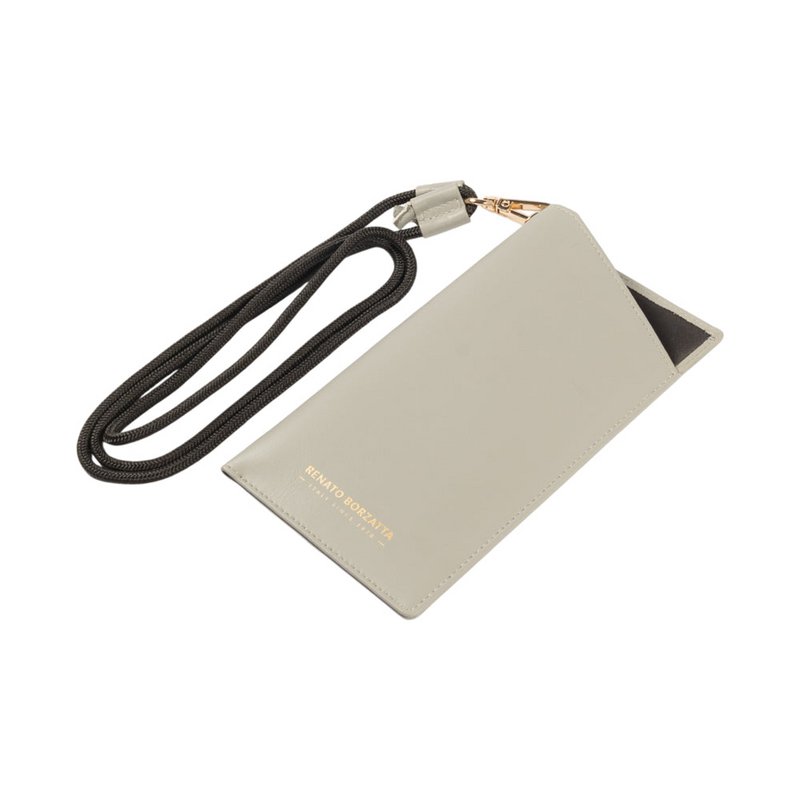 RB1087F | Brillen-/Smartphone-Halter mit Schultergurt, hergestellt in Italien aus echtem, glattem, mattem Leder. Graue Farbe
