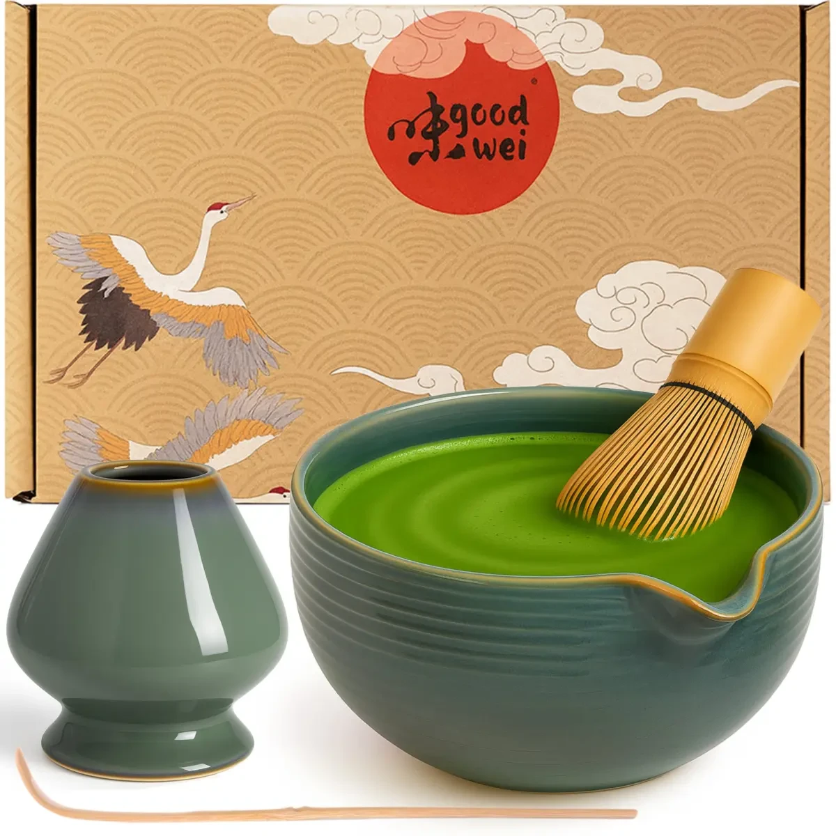 Matcha Latte Set 4 pièces. - Bol verseur, fouet à matcha des années 80, support et cuillère