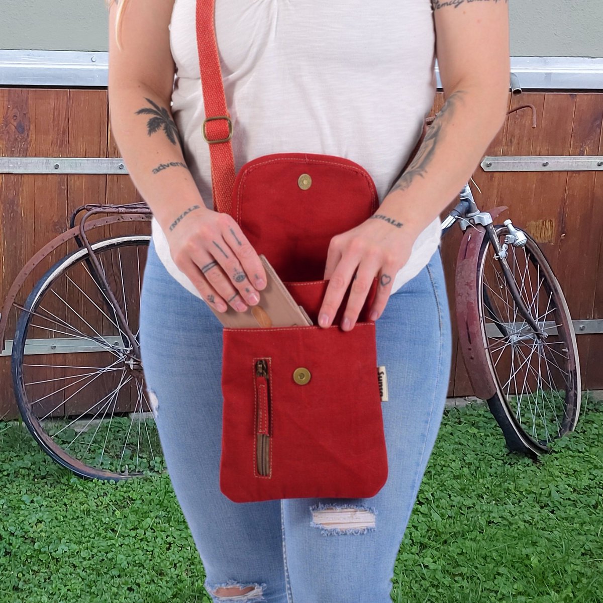 Sunsa schoudertas voor dames. Crossover gsm-hoesje van canvas/canvas & gestreept katoen. Kleine koerierstas met meerdere vakken...