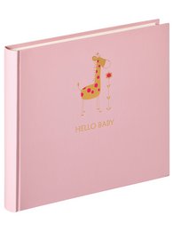 A pink baby album with a giraffe illustration and the text "Hello Baby" on the cover. The album is 28x25 cm in size and is suitable for storing photos and memories of a newborn baby.