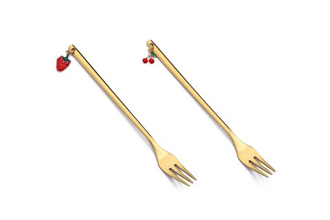Golden strawberry & cherry dessert forks 14 cm set of 6 pieces Isabelle Rose
