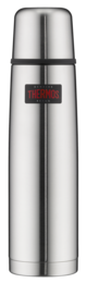 Stainless steel vacuum insulated beverage bottle with 1.00 l capacity, available in matte stainless steel and cranberry red polished finishes.