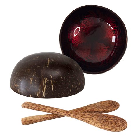 Set 2 Fancy Kokoskommetjes en Houten Lepels | Veganistische biologische salade Cereal Smoothie Buddha Acai Bowl voor keuken, eetkamer en decoratie