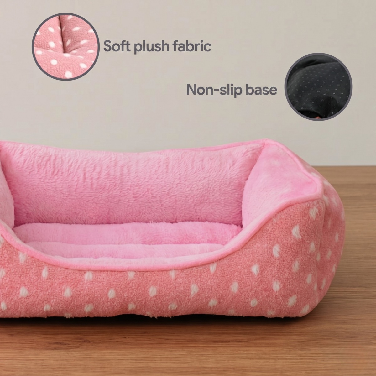 Yommy Pink Haustierbett | 3 Größen Plüsch-Punkt-Design-Bett | Rutschfeste Unterseite | 3 Farben | Gepolstertes Winterbett