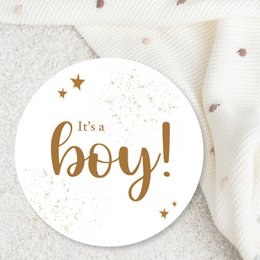 "Celebrate the arrival of a baby boy with this stylish 'It's a Boy!' pregnancy announcement poster. Featuring a gold foil text design and sparkling stars, this wall art is perfect for decorating a nursery or baby shower."