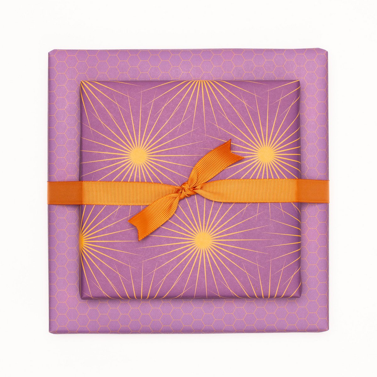 Lila Geschenkpapier mit Sonnensternen, retro Geschenkpapier orange und lila, ideal als Geburtstags- Geschenkpapier Frühling oder Weihnachtsgeschenkpapier
