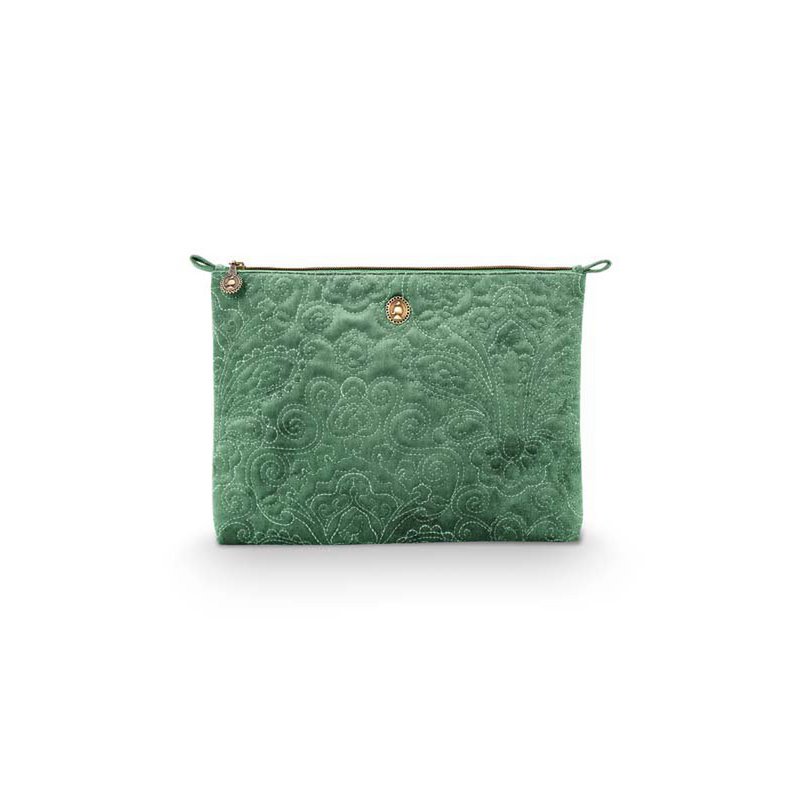 Cosmetic Flat Pouch Large Velvet Quilted Green 30x22x1cm