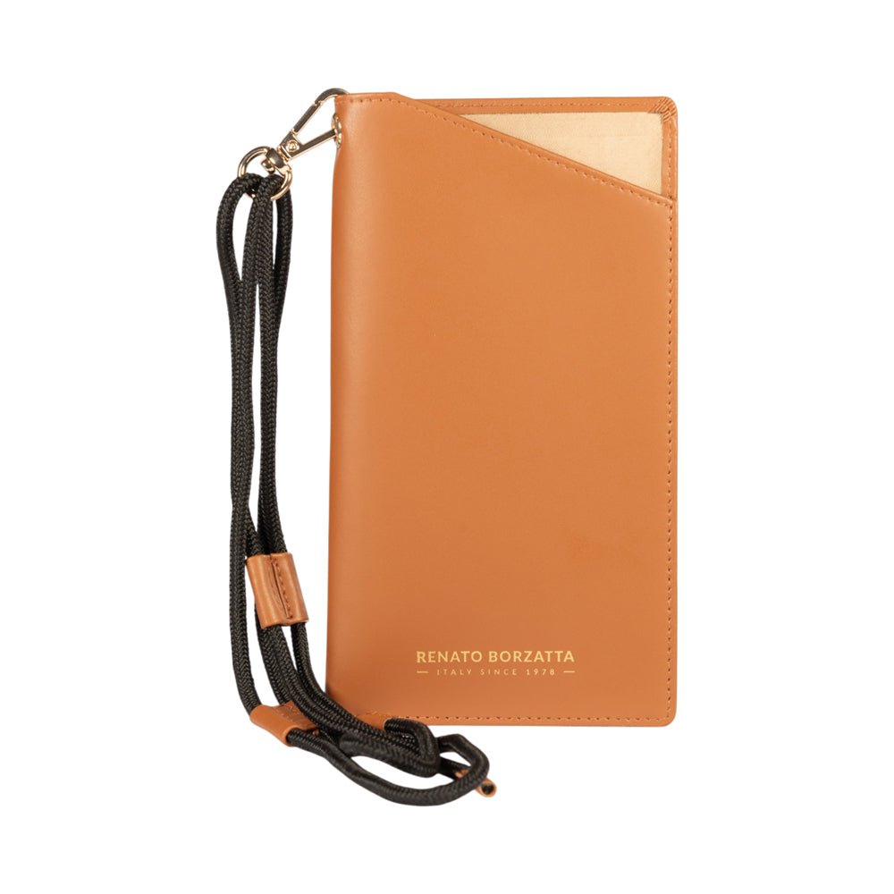 RB1087S | Brillen-/Smartphone-Halter mit Schultergurt, hergestellt in Italien aus echtem, glattem, mattem Leder. Cognac-Farbe