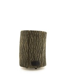  Tall, cylindrical floor lamp made of natural ash wood with a textured bark-like exterior and a warm, earthy tone.