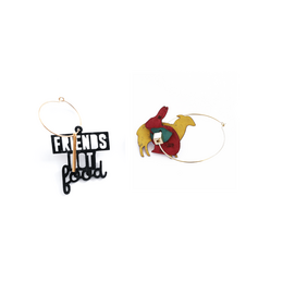 Mismatched statement earrings with "Friends not food" text, gold and silver options, animal charm design.