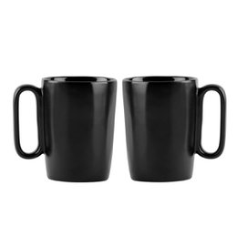 Two black ceramic mugs with handles, each holding 250 ml of liquid. The mugs have a simple, minimalist design.