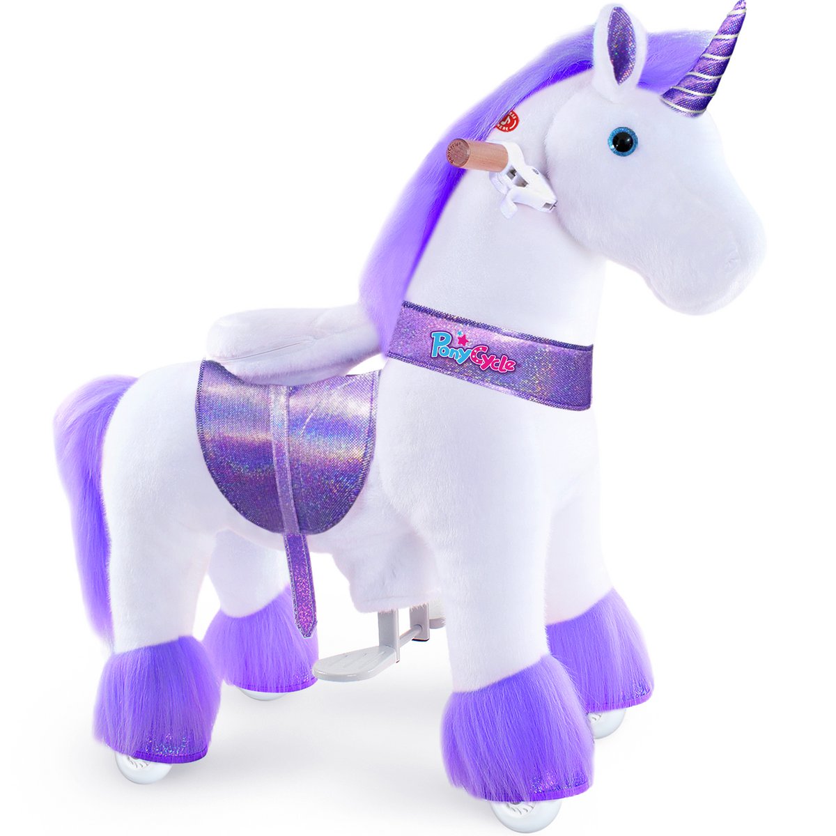 PonyCycle Official Classic Ride on Toys Modèle U Licorne blanche, rose et violette - avec frein et son