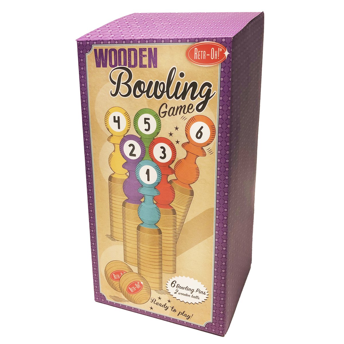 Ret -oh hölzerne Spiel Bowlinget Kinder / Spielzeugkegelspiel - 6 Zapfen & 2 Bälle weg = on