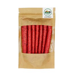Strawberry 50g fruit snack - Chewy, red strawberry-flavored fruit rolls in a paper packaging.