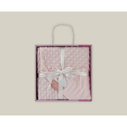A soft, cozy coral fleece baby blanket measuring 80 x 110 inches. The blanket features a quilted dot pattern and is packaged in a gift box with a ribbon.