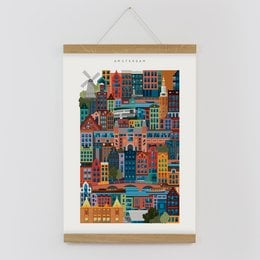 Colorful, abstract cityscape print featuring a vibrant mix of architectural elements, shapes, and patterns in a variety of hues.