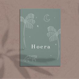 Greeting card with mint-colored background and white floral illustrations, featuring the text "Hoera" (Dutch for "Hurray").