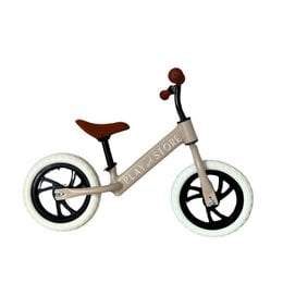 Taupe-colored balance bike with a wooden frame and black wheels, designed for kids to play and store.