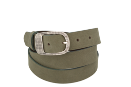 Olive green leather belt for women with Apollo buckle, available in sizes 75-105 cm.
