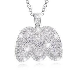 Elegant silver-toned necklace pendant featuring a letter 'M' encrusted with sparkling zirconia stones, perfect for adding a touch of glamour to any outfit.