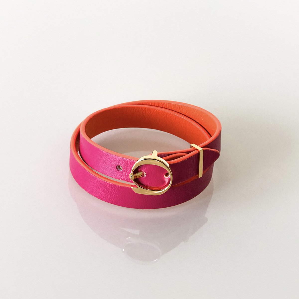 Bracelet cuir DUO TWIST Orange - Fuchsia