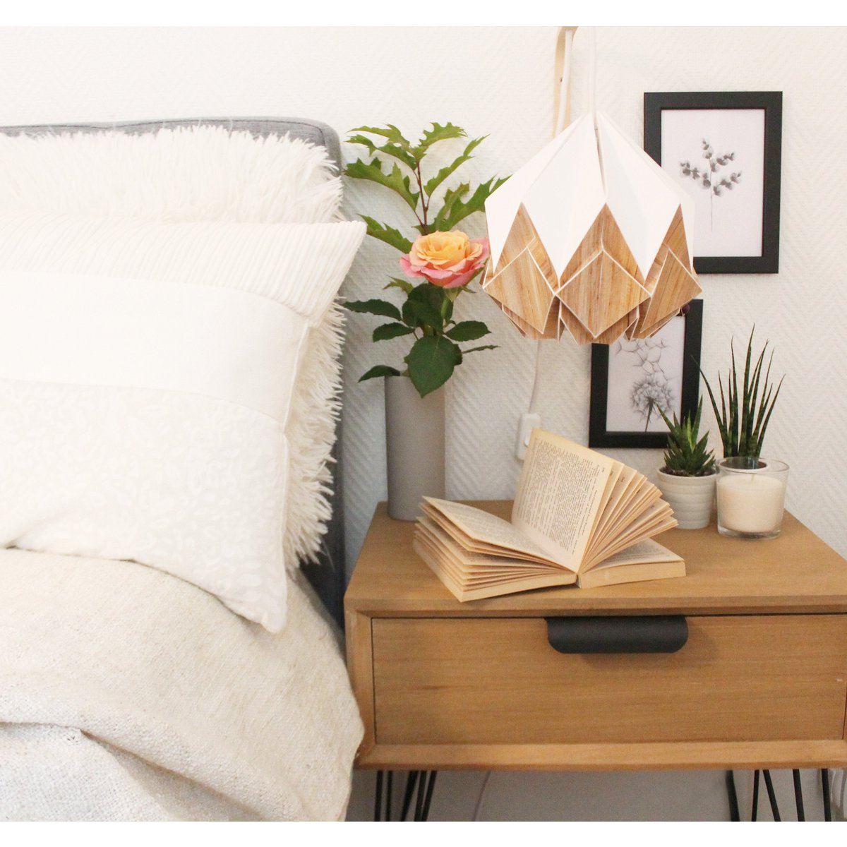 Origami Pendant in Ecowood and White Paper - size S
