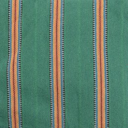 Woven cotton hammock in a green and orange striped pattern, with a rope loop for hanging.