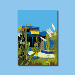 Vibrant poster featuring the iconic Marrakech architecture with palm trees and a blue sky backdrop. Suitable for home decor or travel inspiration.