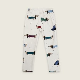 Colorful dachshund-patterned leggings for kids, available in sizes 9-12 months to 5-6 years.