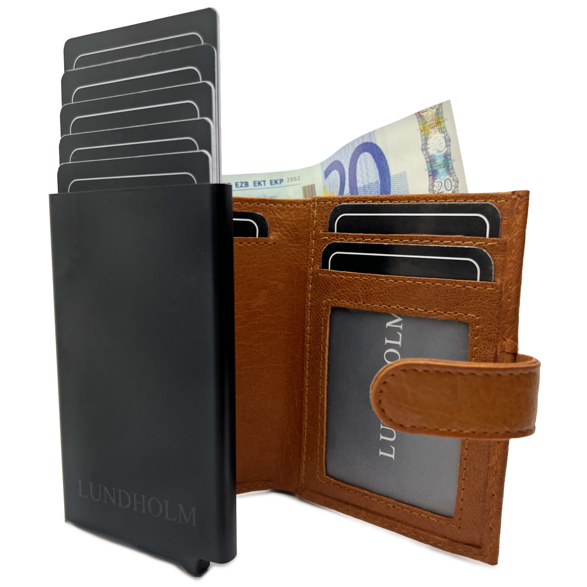 Etui na karty Lundholm wysuwane - z przegródką na monety, banknoty - skórzane etui na karty wysuwane etui na karty kredytowe męski prezent dla mężczyzny męskie prezenty prezent na dzień ojca prezent na dzień ojca koniak brązowy czarny