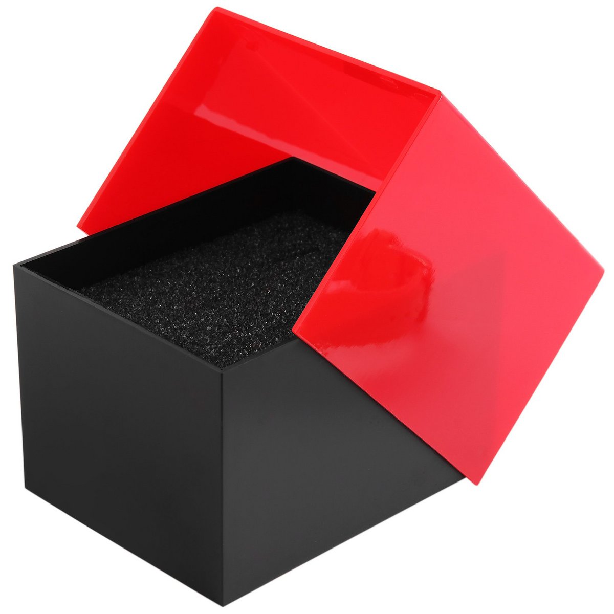 Plastic watch box, black/red, hinged lid, pack of 12, 9.9 cm x 8.1 cm x 6.8 cm