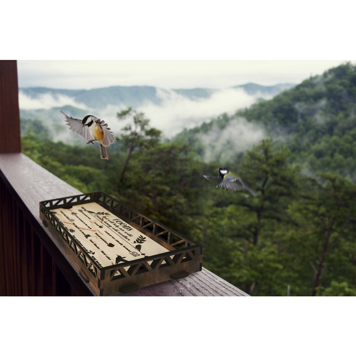 Bandeja de comedero para pájaros de madera montada en barandilla, comedero para pájaros con bandeja de plataforma de cedro, barandillas para exteriores, decoración de jardín para Patio