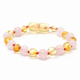  Amber, rose quartz, and polished bracelet for children in two sizes - 12cm and 14cm.