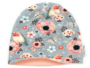 Little Kings muts kinderen meisjes muts model bloemen vogels vogels grijs, antiek roze