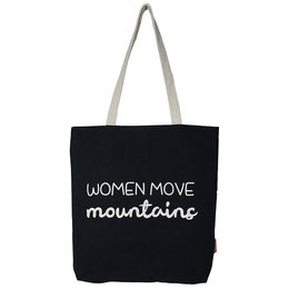 Black tote bag with text "WOMEN MOVE MOUNTAINS" in white. Durable canvas material, suitable for shopping or everyday use.