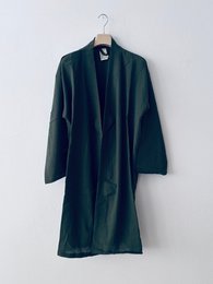 Dark green velvet kimono robe, long sleeves, knee-length, soft luxurious fabric, open front cardigan style.