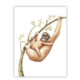 A poster featuring a sloth hanging from a tree branch, with a baby sloth clinging to the parent. The poster has a natural, earthy color palette and showcases the adorable and peaceful nature of sloths.