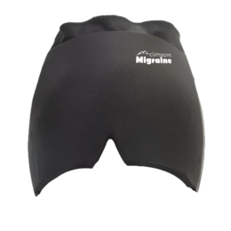 Black sleep mask with Migraine logo, designed to block light and relieve migraine symptoms.