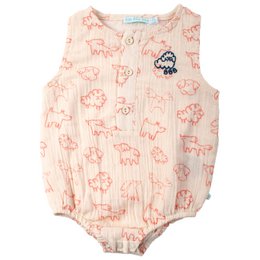 Adorable baby girl's pink and white patterned romper with dog print. Made of soft, breathable fabric for comfort. Features snap closure for easy dressing.