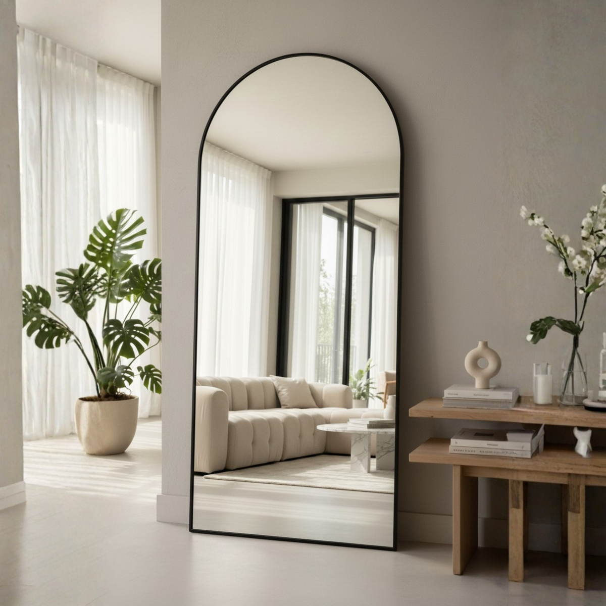 Boogspiegel 80x180 cm Zwart – Slanke Passpiegel Staal - Boog Spiegel