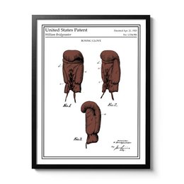 A poster featuring a boxing glove patent design in a vintage style. The poster showcases multiple views of the boxing glove design, including front, side, and back perspectives. The design appears to be made of a reddish-brown material, likely leather or a similar durable fabric.