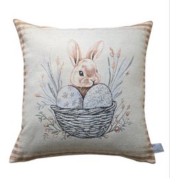  Decorative cushion cover with colorful gobelin-style embroidered Easter eggs and floral elements.